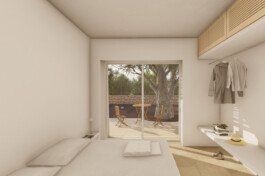 rendering di dependance masseria pugliese camera da letto stile moderno